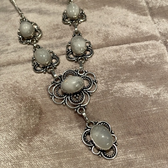 Moonstone Necklace Floral Drop Design Silver Scroll 6 Moonstones V Drop - Picture 3 of 12